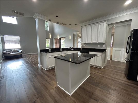 Interior, Kitchen, Pendant Lights, Recessed Lighting, Wood Texture Flooring