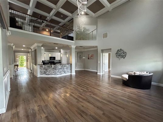 Chandelier, Interior, Kitchen, Pendant Lights, Recessed Lighting, Wood Texture Flooring