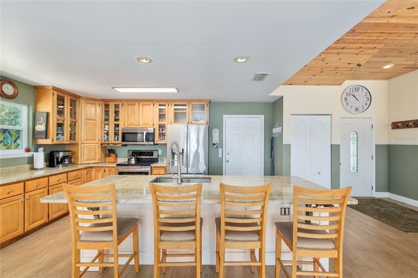 Interior, Kitchen, Recessed Lighting, Stainless Steel Appliances, Wooden Ceilings, Wood Texture Flooring