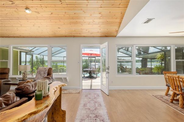 Interior, Recessed Lighting, Sun Room, Wooden Ceilings, Wood Texture Flooring