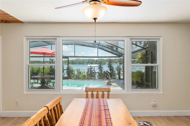 Dining room, Interior, Sun Room, Water, Wood Texture Flooring