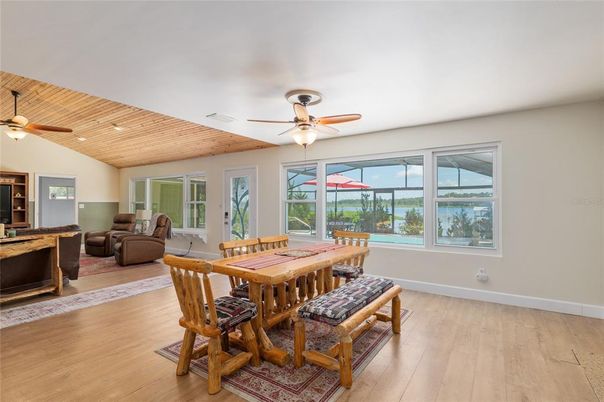 Dining room, Interior, Recessed Lighting, Water, Wooden Ceilings, Wood Texture Flooring