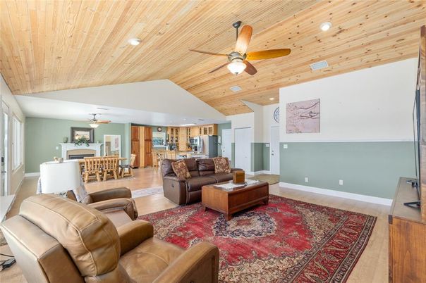 Dining room, Interior, Living room, Recessed Lighting, Wooden Ceilings, Wood Texture Flooring