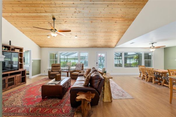 Dining room, Interior, Living room, Recessed Lighting, Wooden Ceilings, Wood Texture Flooring