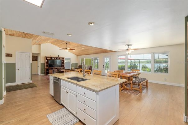 Dining room, Interior, Kitchen, Recessed Lighting, Wooden Ceilings, Wood Texture Flooring