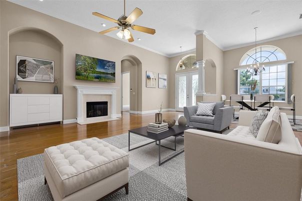 Dining room, Fireplace, Interior, Living room, Pendant Lights, Recessed Lighting, Wood Texture Flooring