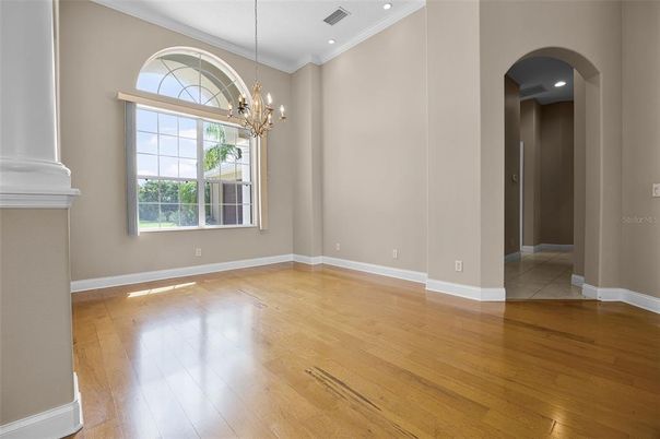 Chandelier, Empty room, Interior, Recessed Lighting, Wood Texture Flooring