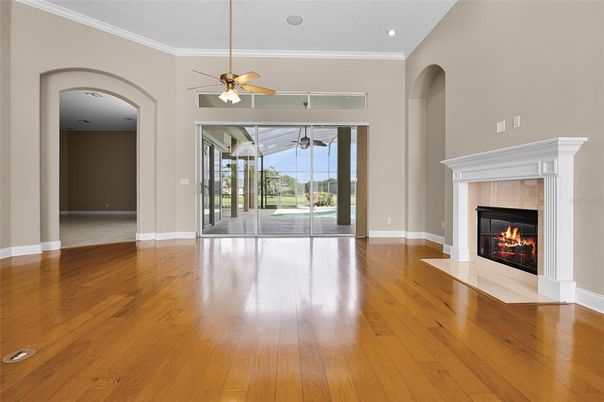 Empty room, Fireplace, Interior, Recessed Lighting, Wood Texture Flooring