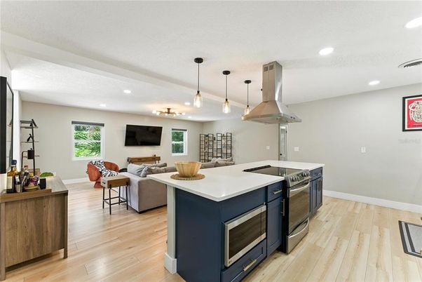 Interior, Kitchen, Living room, Pendant Lights, Recessed Lighting, Wood Texture Flooring