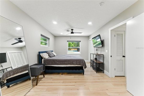 Bedroom, Interior, Recessed Lighting, Wood Texture Flooring