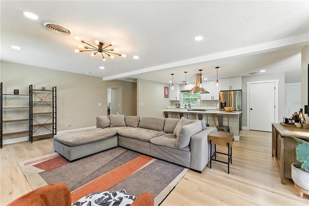 Interior, Kitchen, Living room, Pendant Lights, Recessed Lighting, Stainless Steel Appliances, Wood Texture Flooring