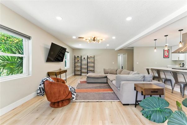 Dining room, Interior, Kitchen, Living room, Pendant Lights, Recessed Lighting, Wood Texture Flooring
