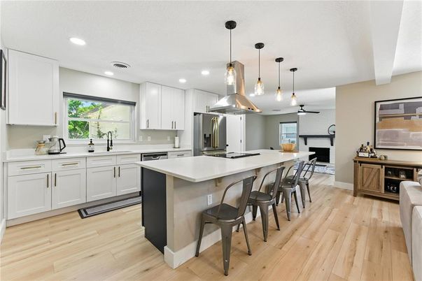 Interior, Kitchen, Pendant Lights, Recessed Lighting, Stainless Steel Appliances, Wood Texture Flooring