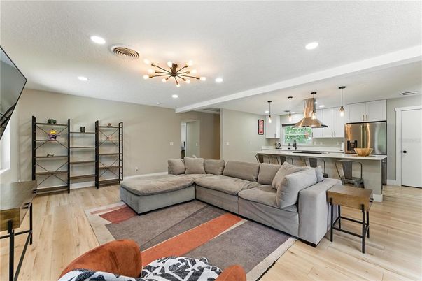 Interior, Kitchen, Living room, Pendant Lights, Recessed Lighting, Stainless Steel Appliances, Wood Texture Flooring