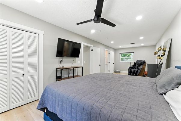 Bedroom, Interior, Recessed Lighting, Wood Texture Flooring