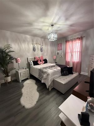 Bedroom, Chandelier, Interior, Wood Texture Flooring
