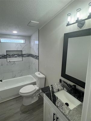 Bathroom, Interior, Marble Walls, Recessed Lighting, Wood Texture Flooring