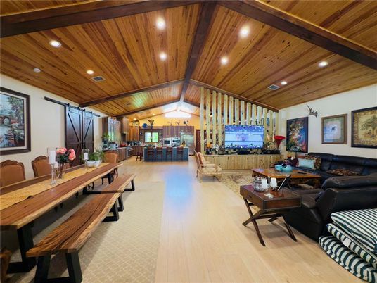 Dining room, Interior, Living room, Recessed Lighting, Wooden Beams, Wooden Ceilings, Wood Texture Flooring