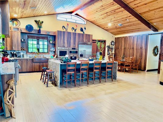 Dining room, Interior, Kitchen, Recessed Lighting, Stainless Steel Appliances, Wooden Beams, Wooden Ceilings, Wood Texture Flooring