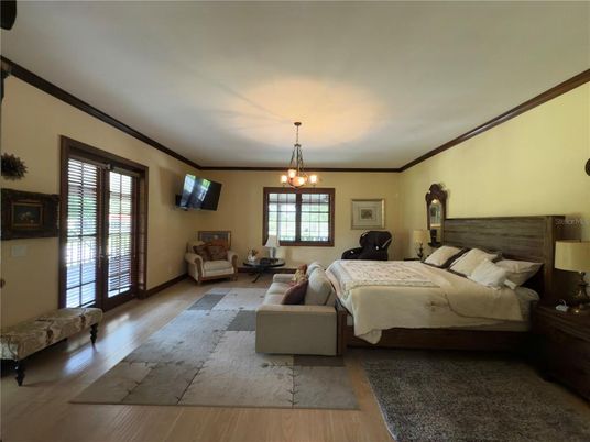Bedroom, Chandelier, Interior, Pendant Lights, Wood Texture Flooring
