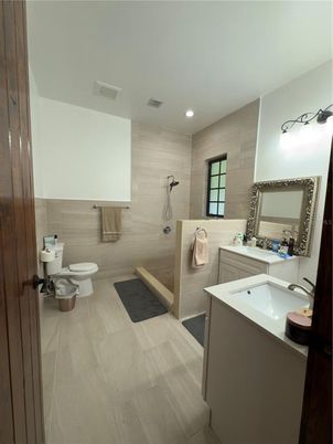 Bathroom, Dual Sink Vanities, Interior, Recessed Lighting, Wood Texture Flooring