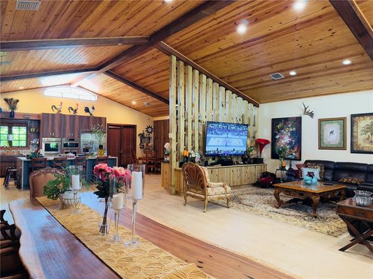 Interior, Kitchen, Living room, Recessed Lighting, Wooden Beams, Wooden Ceilings, Wood Texture Flooring