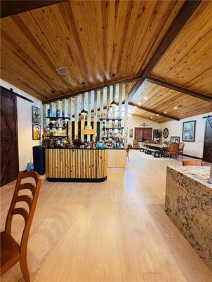 Dining room, Interior, Living room, Recessed Lighting, Wooden Beams, Wooden Ceilings, Wood Texture Flooring