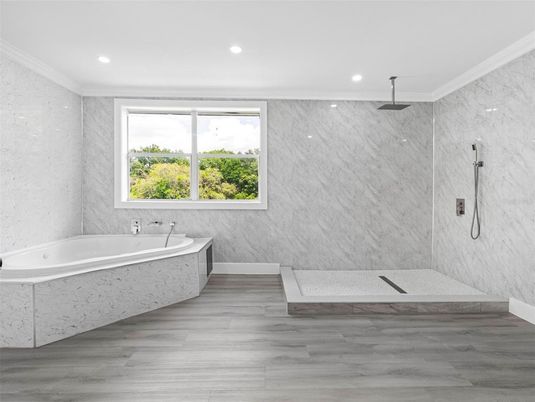 Bathroom, Interior, Marble Walls, Recessed Lighting, Wood Texture Flooring