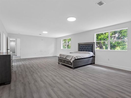 Bedroom, Interior, Recessed Lighting, Wood Texture Flooring
