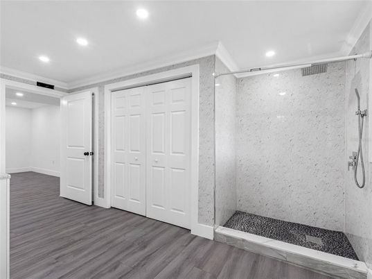 Bathroom, Glass Shower, Interior, Recessed Lighting, Wood Texture Flooring