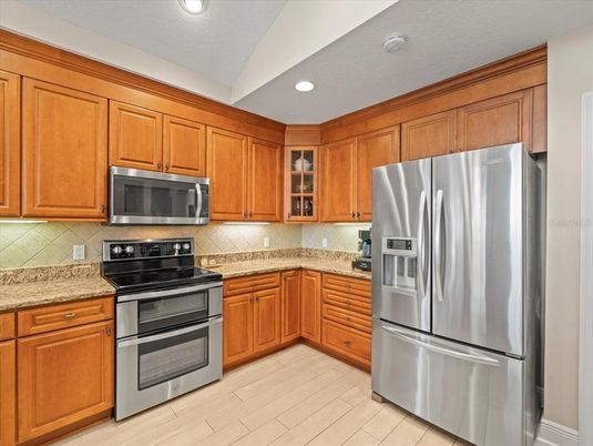 Interior, Kitchen, Recessed Lighting, Stainless Steel Appliances, Wood Texture Flooring