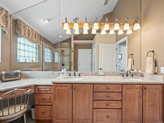 Bathroom, Dual Sink Vanities, Glass Shower, Interior, Recessed Lighting