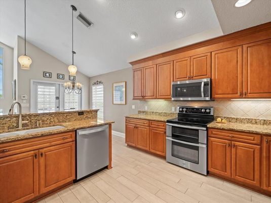 Interior, Kitchen, Pendant Lights, Recessed Lighting, Wood Texture Flooring