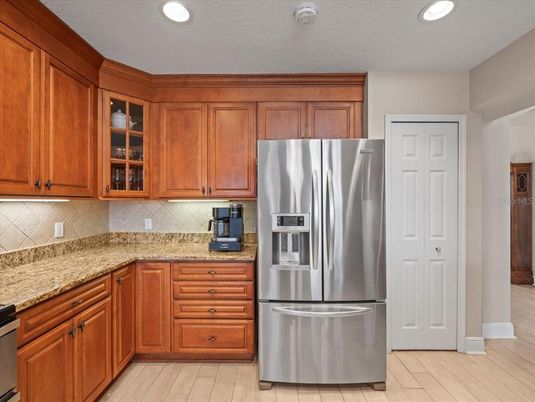 Interior, Kitchen, Recessed Lighting, Stainless Steel Appliances, Wood Texture Flooring