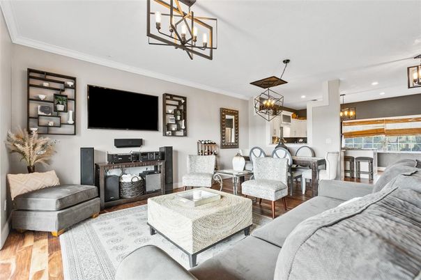 Chandelier, Dining room, Interior, Living room, Pendant Lights, Recessed Lighting, Wood Texture Flooring