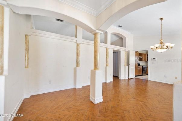 Chandelier, Empty room, Interior, Wood Texture Flooring