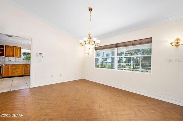 Chandelier, Empty room, Interior, Kitchen, Wood Texture Flooring