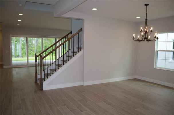 Chandelier, Empty room, Interior, Recessed Lighting, Wood Texture Flooring