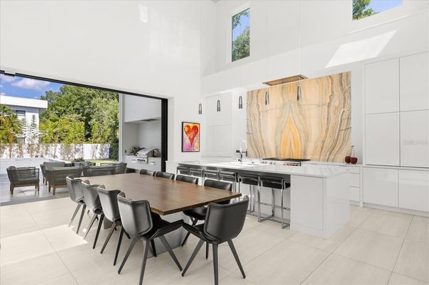 Dining room, Interior, Kitchen, Marble Walls, Pendant Lights