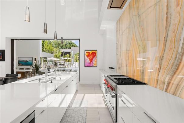 Interior, Kitchen, Marble Walls, Pendant Lights