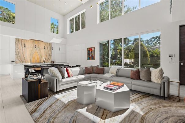 Interior, Living room, Marble Walls, Pendant Lights
