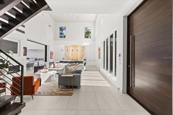 Interior, Living room, Marble Walls, Pendant Lights, Recessed Lighting