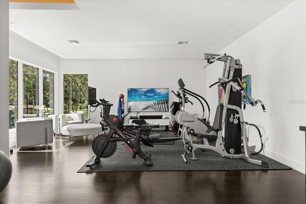 Fitness Equipment, Interior, Recessed Lighting, Wood Texture Flooring