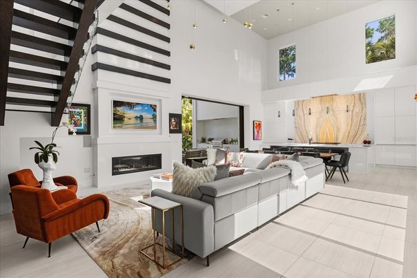 Fireplace, Interior, Living room, Marble Walls, Pendant Lights