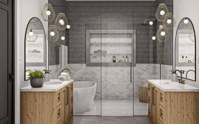 Bathroom, Dual Sink Vanities, Free Standing Baths, Glass Shower, Interior, Marble Walls, Pendant Lights