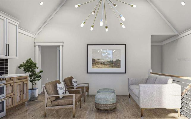 Interior, Living room, Pendant Lights, Recessed Lighting, Wood Texture Flooring