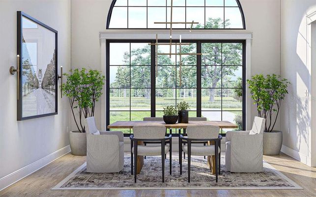 Dining room, Interior, Pendant Lights, Wood Texture Flooring