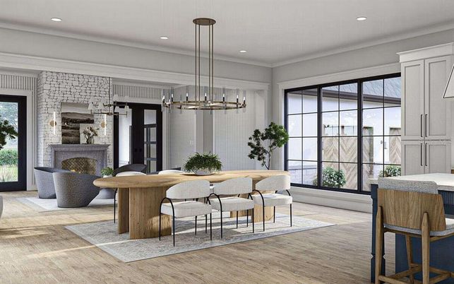 Dining room, Fireplace, Interior, Pendant Lights, Recessed Lighting, Wood Texture Flooring