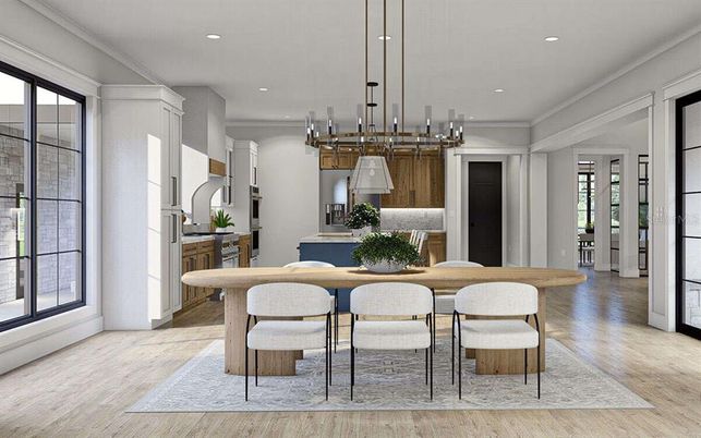 Dining room, Interior, Kitchen, Pendant Lights, Recessed Lighting, Wood Texture Flooring