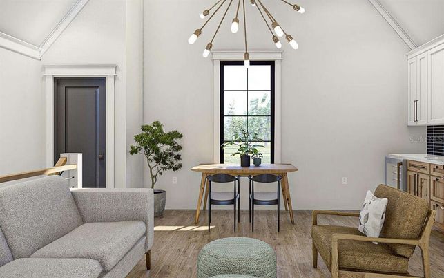 Dining room, Interior, Pendant Lights, Wood Texture Flooring
